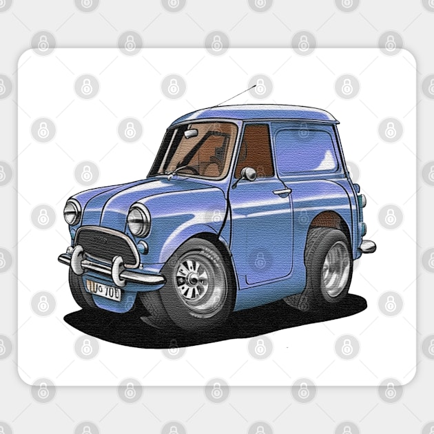 Cartoon drawings of Morris Mini 1000 Blue Magnet by JnS Merch Store